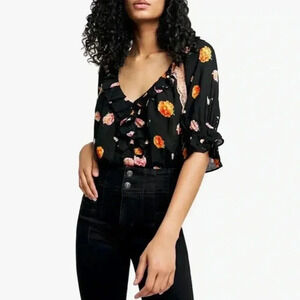 NWT Free People Intametly Poppy Printed Bodysuit Black Combo